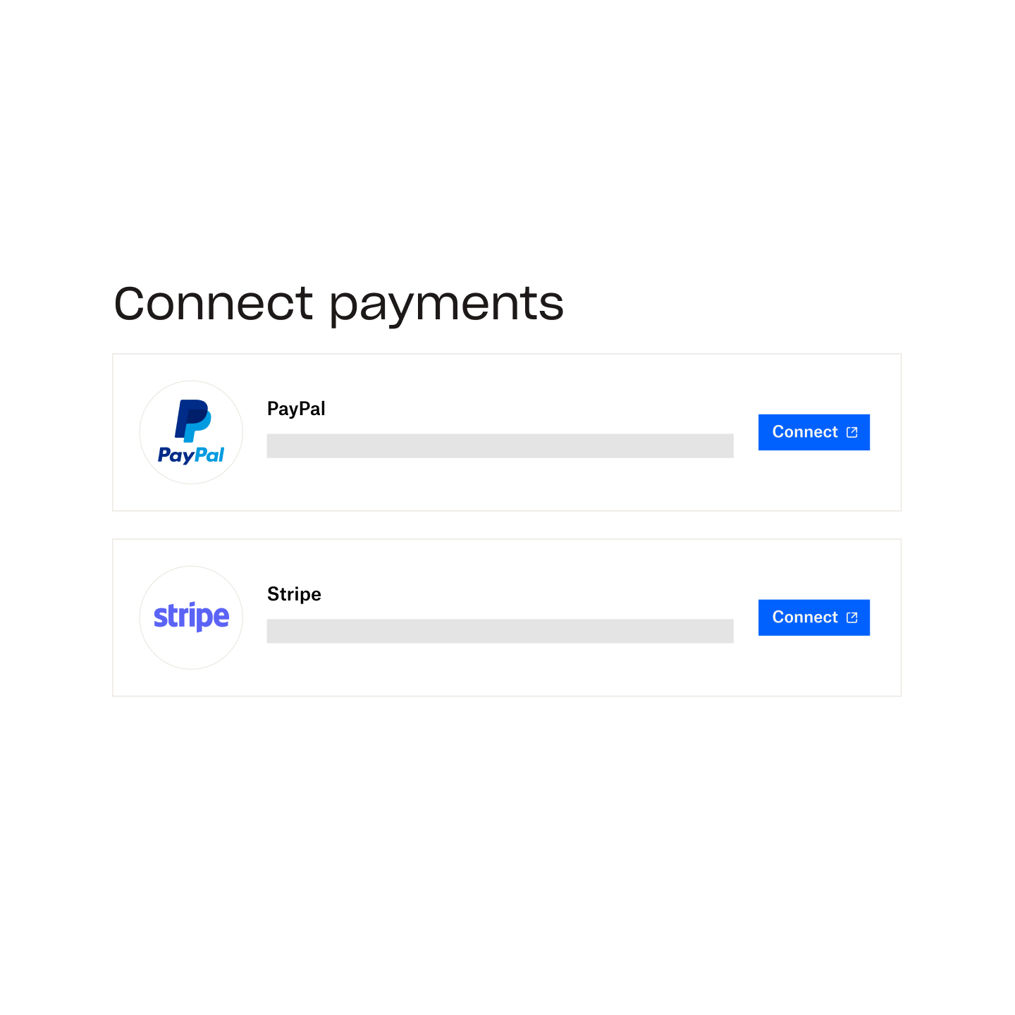 "Connect payments" window in Dropbox Shop with PayPal and Stripe options, and Connect buttons for each